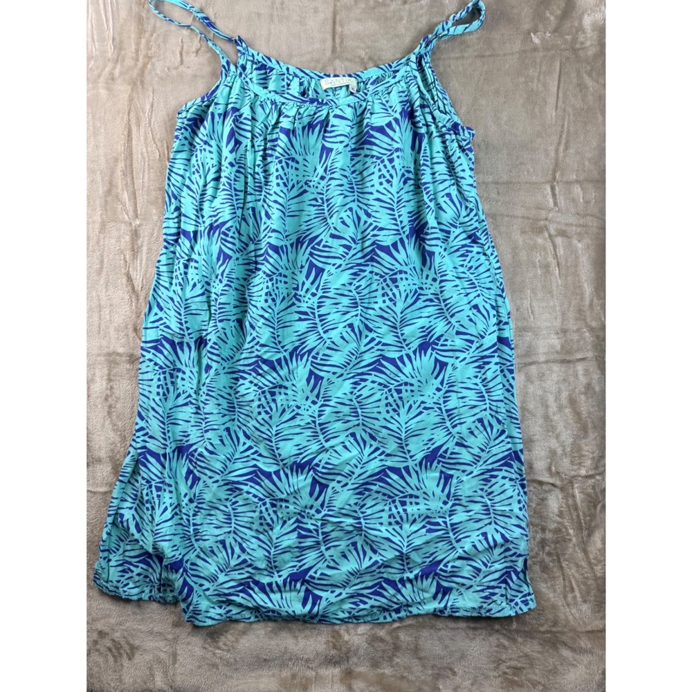 Boho Santiki Womens XL Tropical Print Sundress Teal Blue Coastal Beach Vacation